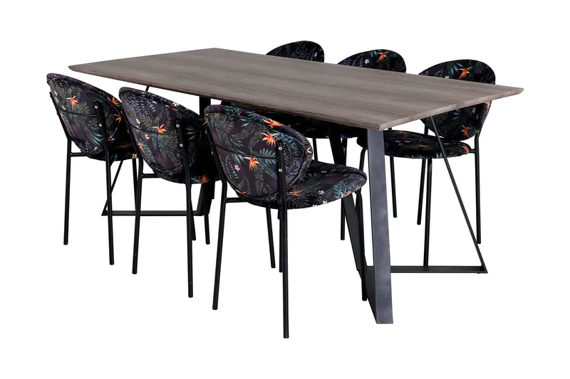 Malvina Spisebordssæt 180 cm inkl 6 Moncoll Stole, Grå/Sort/Blå
