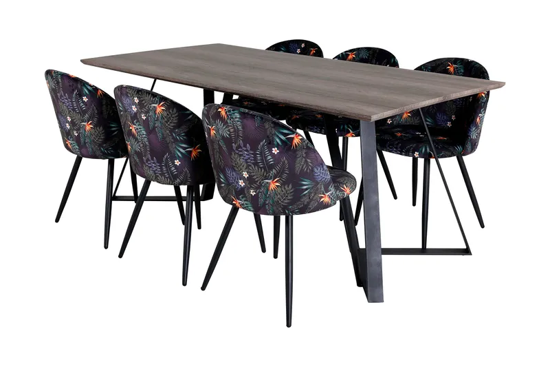 Malvina Spisebordssæt 180 cm inkl 6 Sedavi Stole, Grå/Sort/Blå