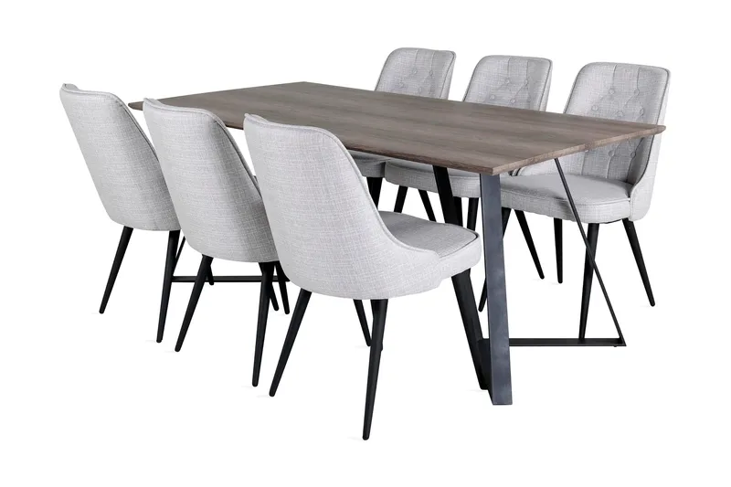 Malvina Spisebordssæt 180 cm inkl 6 Valera Stole, Grå/Sort