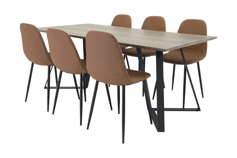 Malvina Spisebordssæt med 6 Pontus Stole, Grå/Sort/Brun