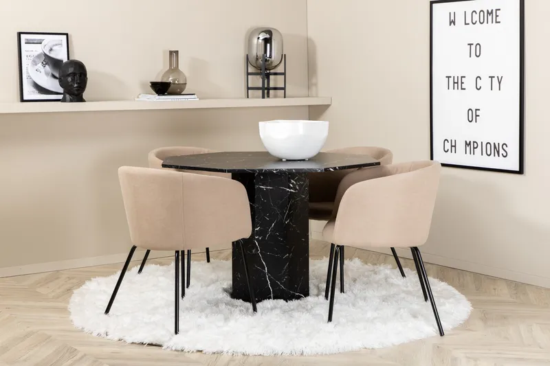 Marbs Spisebordssæt 110 cm Rund inkl 4 Berita Stole, Sort/Beige