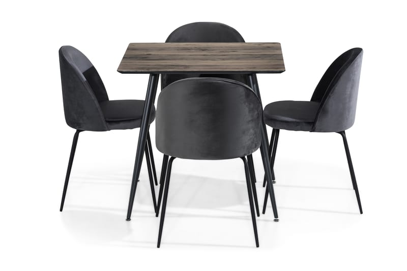 Marcelen Spisebordssæt 80 cm med 4 Felipe Stol Velour - Brun/Sort/Grå - Spisebordssæt