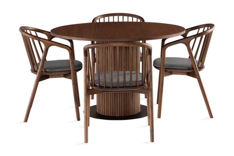 Noira Matgrupp 120 cm Runt Matbord med 4 Noira Stolar - Valnød - Møbler - Borde - Spisebordssæt