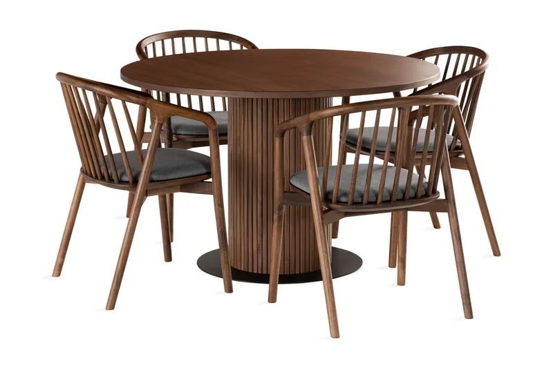 Noira Matgrupp 120 cm Runt Matbord med 4 Noira Stolar, Valnød