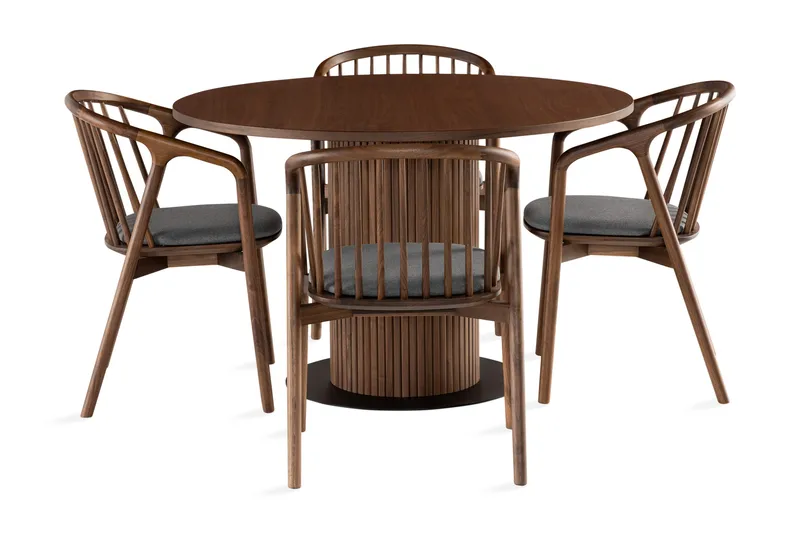 Noira Matgrupp 120 cm Runt Matbord med 4 Noira Stolar - Valnød - Møbler - Borde - Spisebordssæt