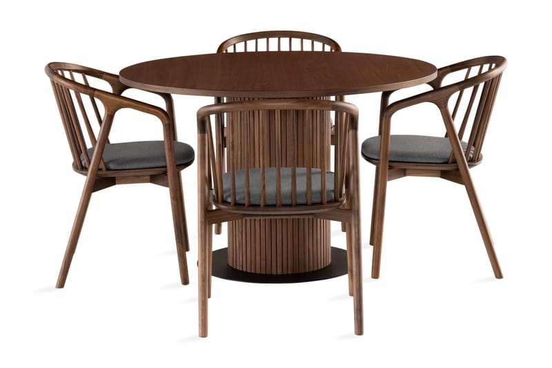 Noira Matgrupp 120 cm Runt Matbord med 4 Noira Stolar - Valnød - Møbler - Borde - Spisebordssæt