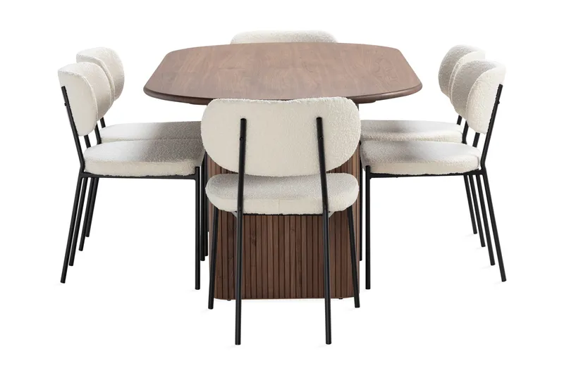 Noira Ovalt Matbord 220 cm Valnöt med 6 Gemmiano Matstolar - Brun / Teddy / Træ - Møbler - Borde - Spisebordssæt