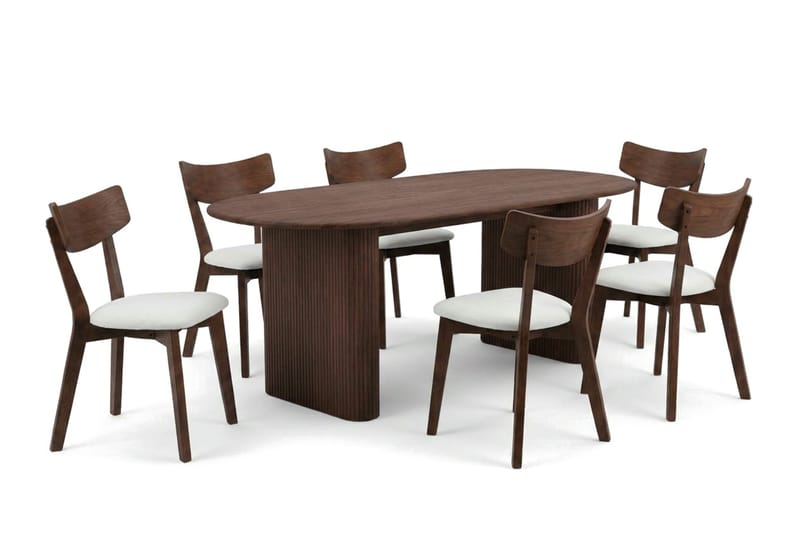 Noira spisegruppe 220 cm rektangulær i valnød med 6 Amelia spisestole med hynde - Valnød/Beige - Møbler - Borde - Spisebordssæt