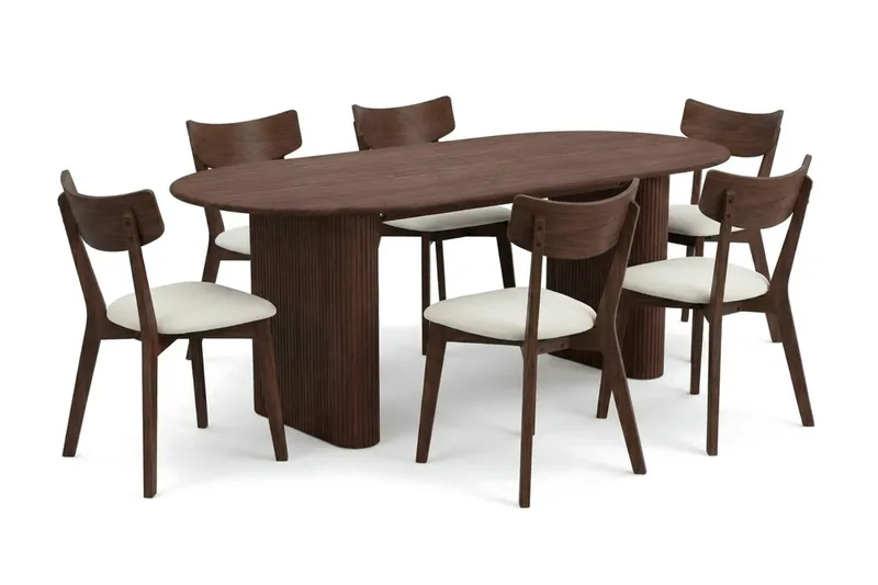 Noira spisegruppe 220 cm rektangulær i valnød med 6 Amelia spisestole med hynde, Valnød/Beige