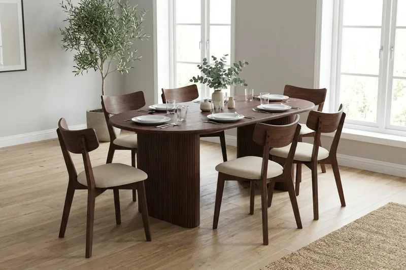Noira spisegruppe 220 cm rektangulær i valnød med 6 Amelia spisestole med hynde - Valnød/Beige - Møbler - Borde - Spisebordssæt
