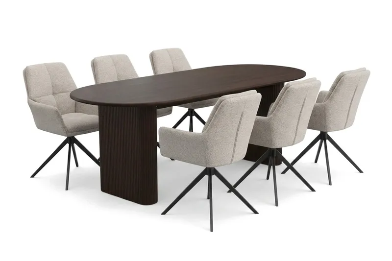 Noira spisegruppe rektangulær 180 cm røget eg med 6 Torsby spisestole, Røget eg