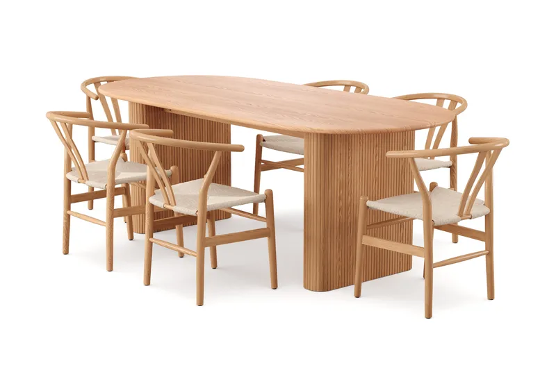 Noira spisegruppe rektangulær 220 cm eg med 6 Dastoori spisebordsstole, Eg