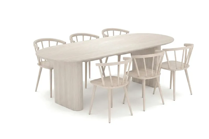 Noira spisegruppe rektangulær 220 cm hvidpigmenteret med 6 Tyrö-spisestole, Hvidlaseret