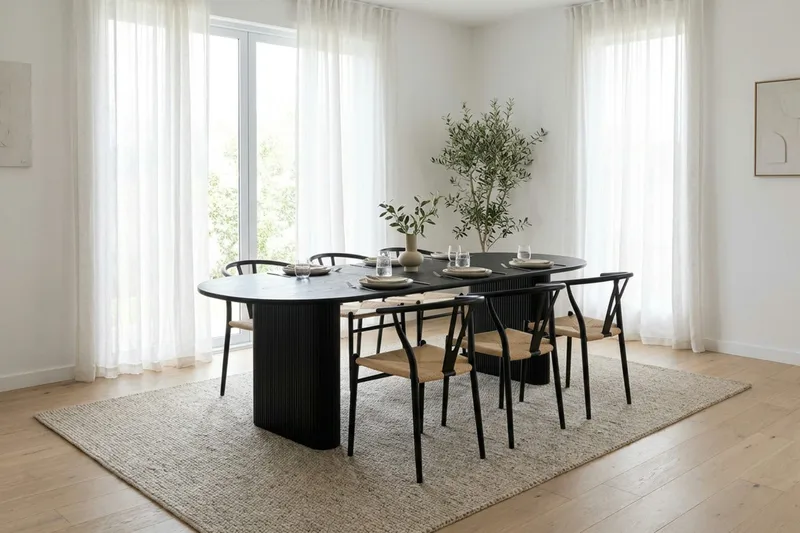 Noira spisegruppe udtræk 220-320 cm sort med 6 Elysia spisestole - Møbler - Borde - Spisebordssæt