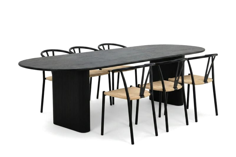 Noira spisegruppe udtræk 220-320 cm sort med 6 Elysia spisestole - Møbler - Borde - Spisebordssæt
