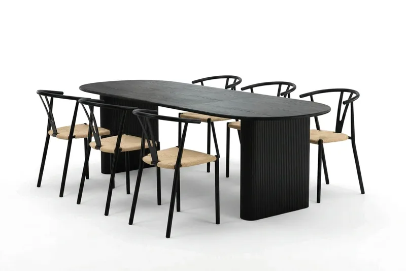 Noira spisegruppe udtræk 220-320 cm sort med 6 Elysia spisestole