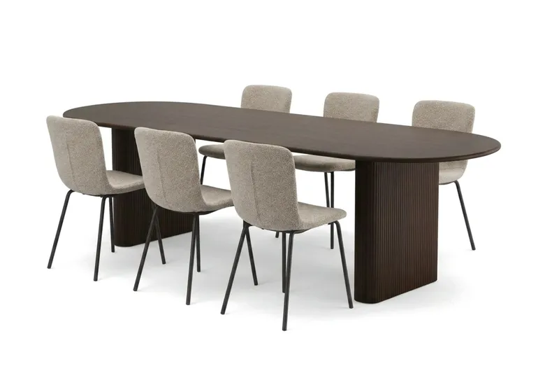 Noira spisegruppe udtrækbar 220-320 cm røget eg med 6 Katy spisestole, Røget eg