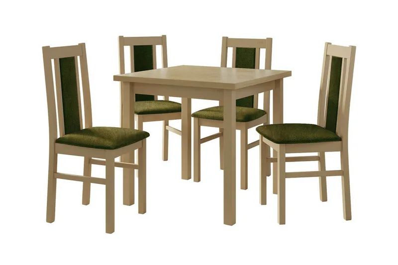 Patrickswell Kvadratisk Spisebordssæt 80x80 cm – Spisebord med 4 Spisestole med Betrukket Ryg i Træ, Natur|Olivengrøn