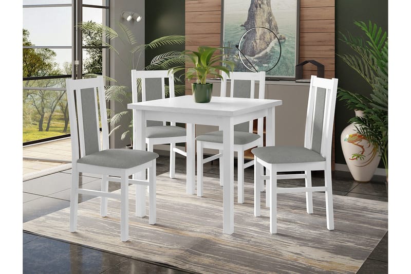 Patrickswell Kvadratisk Spisegruppe 80x80 cm – Spisebord med 4 Spisestole med Betrukket Ryg i Træ - Hvid|Grå - Møbler - Borde - Spisebordssæt