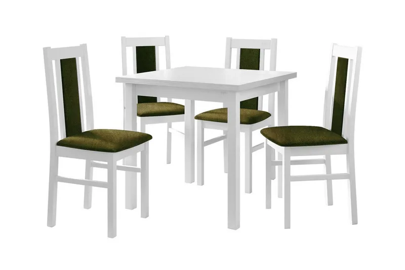 Patrickswell Kvadratisk Spisegruppe 80x80 cm – Spisebord med 4 Spisestole med Betrukket Ryg i Træ, Hvid|Olivengrøn