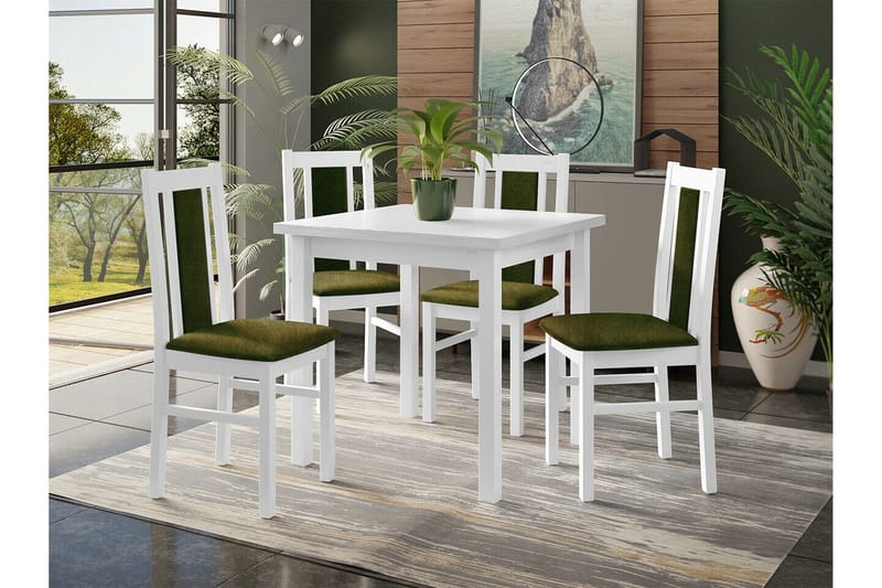 Patrickswell Kvadratisk Spisegruppe 80x80 cm – Spisebord med 4 Spisestole med Betrukket Ryg i Træ - Hvid|Olivengrøn - Møbler - Borde - Spisebordssæt