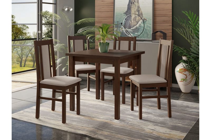 Patrickswell Kvadratisk Spisegruppe 80x80 cm – Spisebord med 4 Spisestole med Betrukket Ryg i Træ - Mørkebrun|Beige - Møbler - Borde - Spisebordssæt