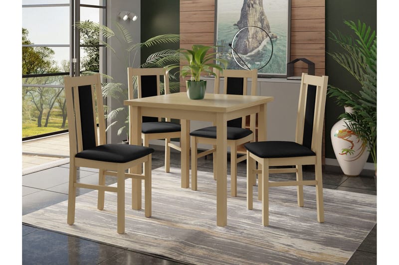 Patrickswell Kvadratisk Spisegruppe 80x80 cm – Spisebord med 4 Spisestole med Betrukket Ryg i Træ - Natur|Sort - Møbler - Borde - Spisebordssæt