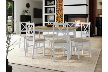 Patrickswell Rektangulært Udtrækkeligt Spisebordssæt 140–180 cm – Spisebord med Egetræsudseende og 6 Spisestole med Krydsryg i Træ - Hvid|Beige|Natur - Møbler - Borde - Spisebordssæt
