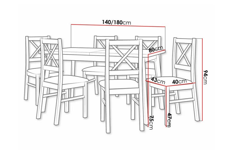 Patrickswell Rektangulært Udtrækkeligt Spisebordssæt 140–180 cm – Spisebord med Egetræsudseende og 6 Spisestole med Krydsryg i Træ - Sort|Mørkebrun|Brun - Møbler - Borde - Spisebordssæt