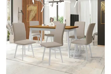 Patrickswell Rektangulært Udtrækkeligt Spisebordssæt 140–180 cm – Spisebord med Egetræsudseende og 6 Polstrede Spisestole med Skrå Ben - Hvid|Beige|Brun - Møbler - Borde - Spisebordssæt