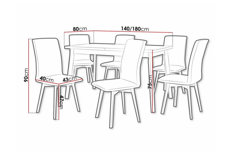 Patrickswell Rektangulært Udtrækkeligt Spisebordssæt 140–180 cm – Spisebord med Egetræsudseende og 6 Polstrede Spisestole med Skrå Ben - Sort|Beige|Lysebrun - Møbler - Borde - Spisebordssæt