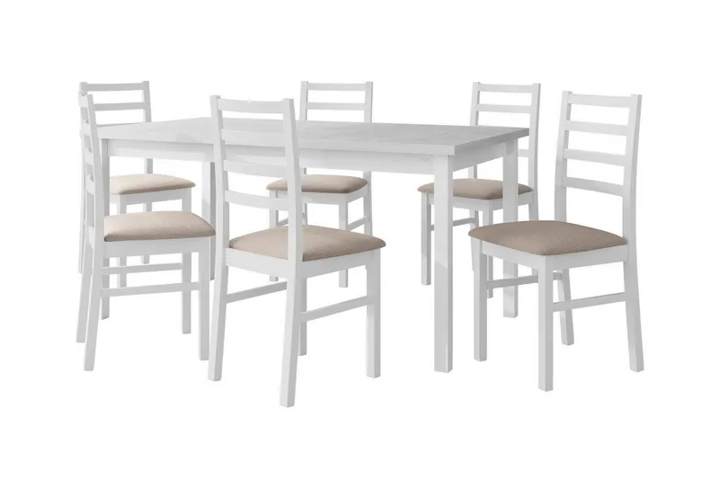 Patrickswell Rektangulært Udtrækkeligt Spisegruppe 160–200 cm – Spisebord med 6 Spisestole med Stigerygg i Træ, Hvid|Beige