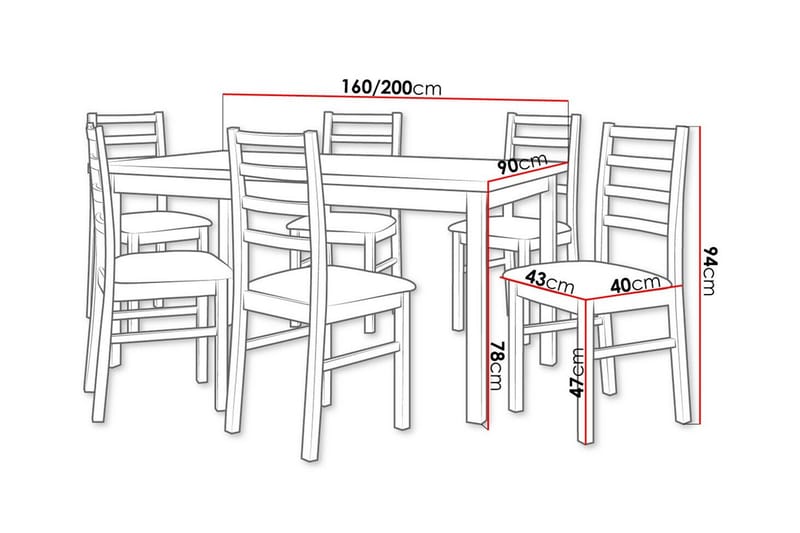 Patrickswell Rektangulært Udtrækkeligt Spisegruppe 160–200 cm – Spisebord med 6 Spisestole med Stigerygg i Træ - Hvid|Mørkegrå - Møbler - Borde - Spisebordssæt