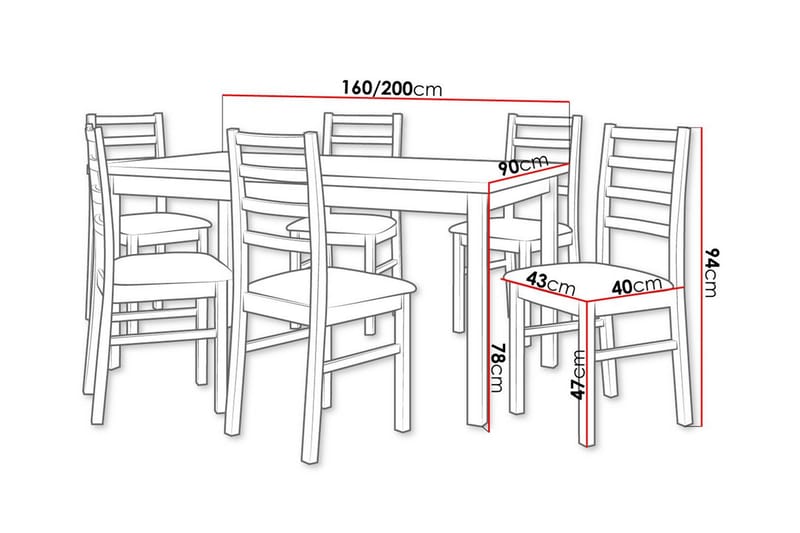Patrickswell Rektangulært Udtrækkeligt Spisegruppe 160–200 cm – Spisebord med 6 Spisestole med Stigerygg i Træ - Hvid|Sort - Møbler - Borde - Spisebordssæt