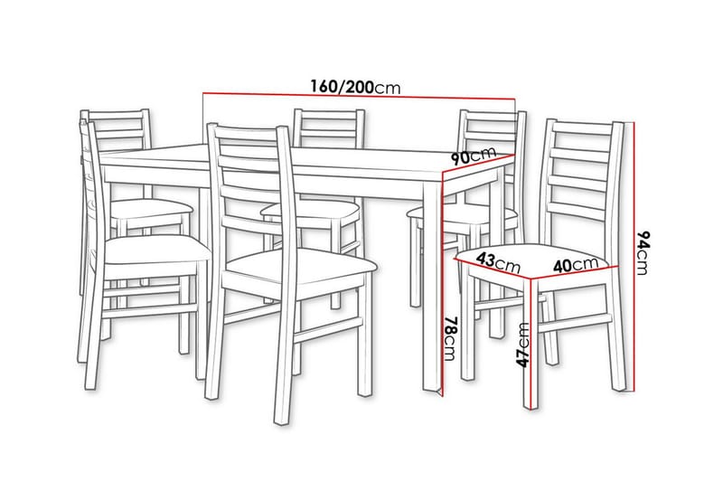 Patrickswell Rektangulært Udtrækkeligt Spisegruppe 160–200 cm – Spisebord med 6 Spisestole med Stigerygg i Træ - Mørkebrun|Mørkegrå - Møbler - Borde - Spisebordssæt