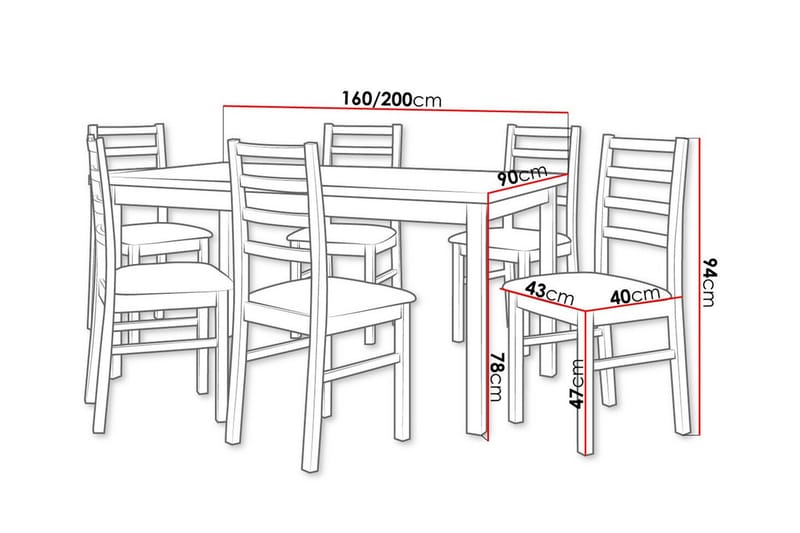 Patrickswell Rektangulært Udtrækkeligt Spisegruppe 160–200 cm – Spisebord med 6 Spisestole med Stigerygg i Træ - Natur|Mørkegrå - Møbler - Borde - Spisebordssæt