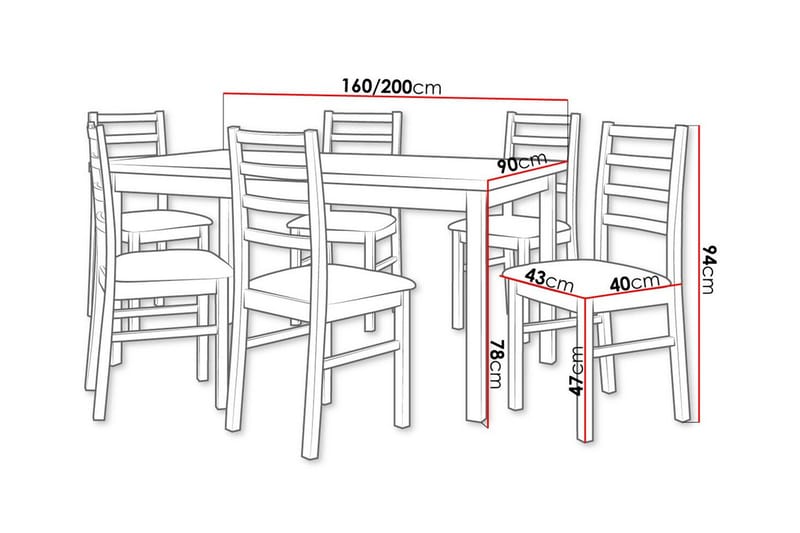 Patrickswell Rektangulært Udtrækkeligt Spisegruppe 160–200 cm – Spisebord med 6 Spisestole med Stigerygg i Træ - Natur|Sort - Møbler - Borde - Spisebordssæt