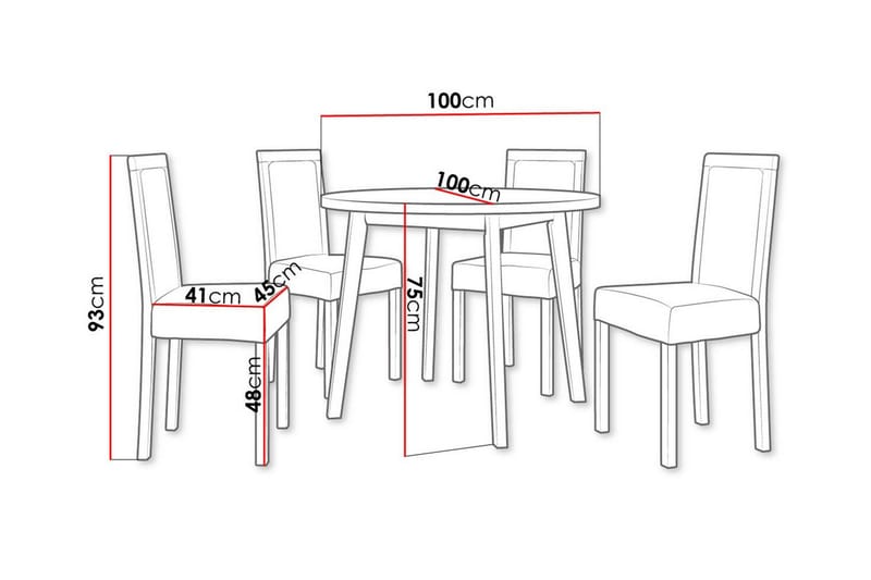 Patrickswell Rund Spisebordsgruppe 100 cm – Spisebord med Egetræsudseende og 4 Spisestole med Betrukket Ryg i Træ - Hvid|Sort - Møbler - Borde - Spisebordssæt