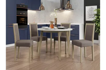 Patrickswell Rund Spisegruppe 100 cm – Spisebord med Hvid Bordplade og 4 Spisestole med Betrukket Ryg i Træ - Natur|Gråbrun - Møbler - Borde - Spisebordssæt