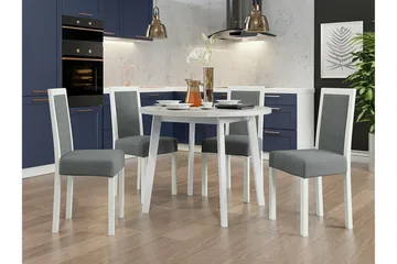 Patrickswell Rundt Spisebordssæt 100 cm – Spisebord med Hvid Bordplade og 4 Spisestole med Betrukket Ryg i Træ - Hvid|Grå - Møbler - Borde - Spisebordssæt