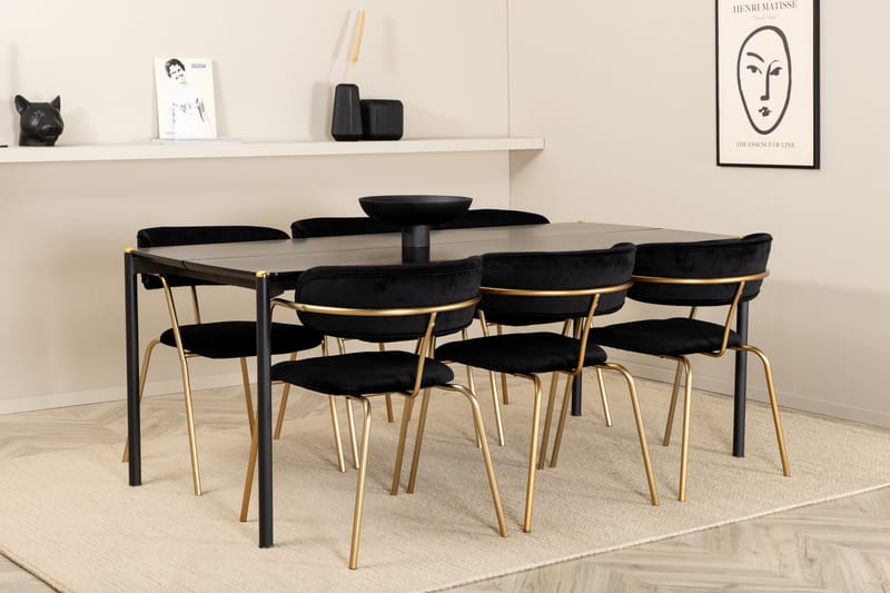 Pelle Spisebordssæt 190 cm inkl 6 Arcarazo Armstole, Sort/Messing