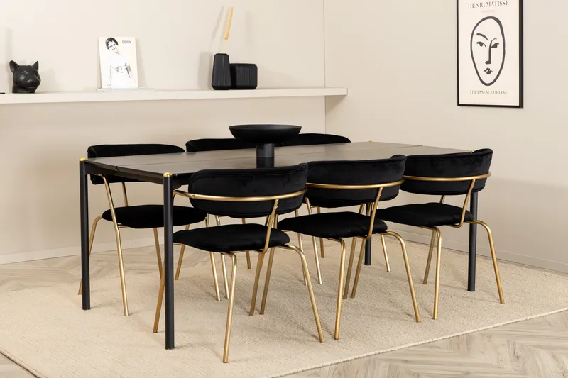 Pelle Spisebordssæt 190 cm inkl 6 Arcarazo Armstole, Sort/Messing