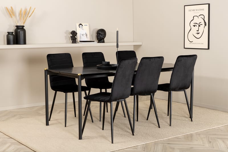 Pelle Spisebordssæt 190 cm inkl 6 Robin Stole, Sort