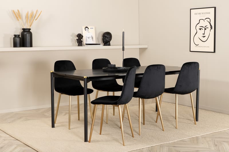 Pelle Spisebordssæt 190 cm inkl 6 Pontus Velourstole, Sort/Messing