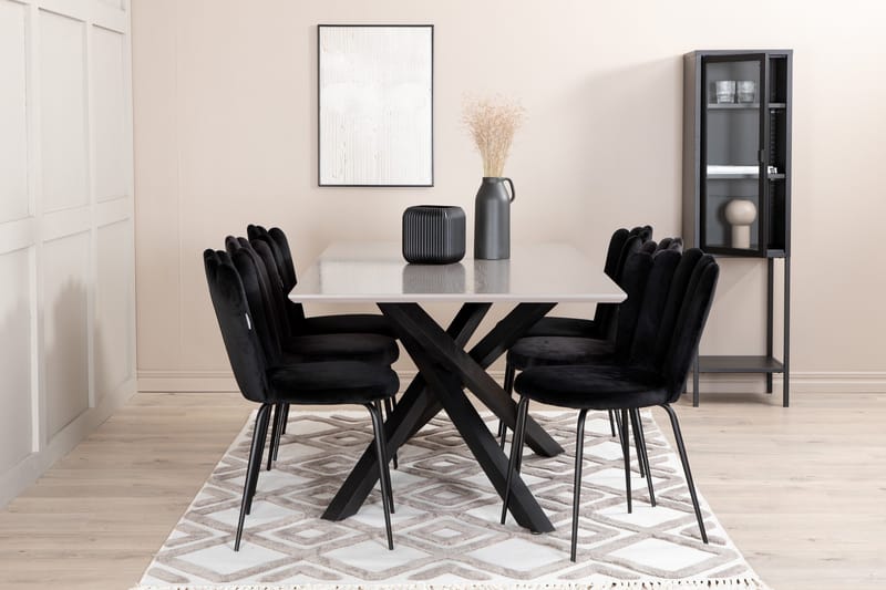 Penny Spisebordssæt 190 cm inkl 6 Limhamn Velourstole, Grå/Sort