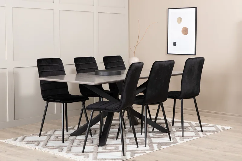 Penny Spisebordssæt 190 cm inkl 6 Robin Velourstole, Grå/Sort