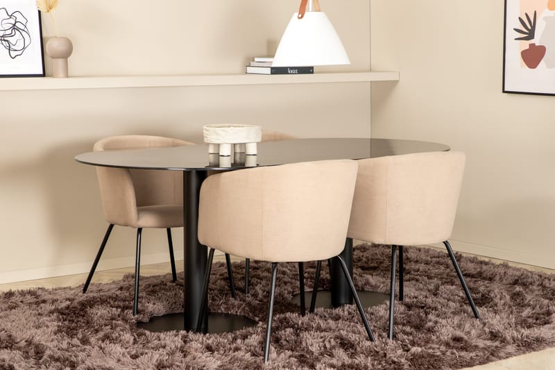 Pillan Spisebordssæt 180 cm Oval inkl 4 Berita Stole - Marmor/Sort/Beige - Møbler - Borde - Spisebordssæt