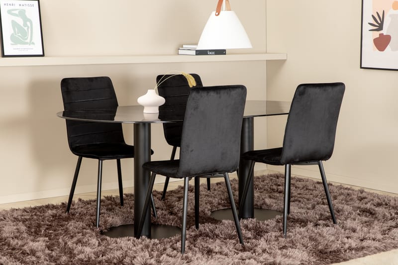 Pillan Spisebordssæt 180 cm Oval inkl 4 Robin Velourstole - Sort - Møbler - Borde - Spisebordssæt