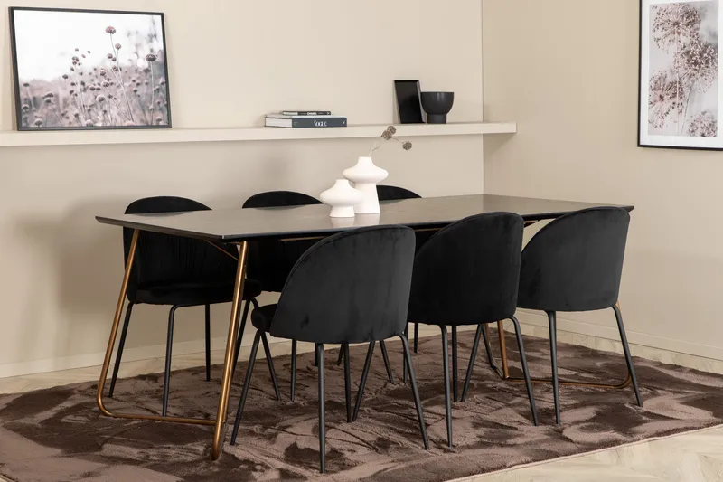 Pipi Spisebordssæt 190 cm inkl 6 Foyos Stole, Sort/Kobber