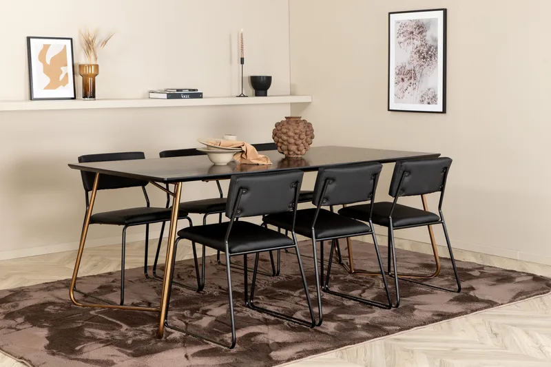 Pipi Spisebordssæt 190 cm inkl 6 Kenth Stole, Sort/Kobber